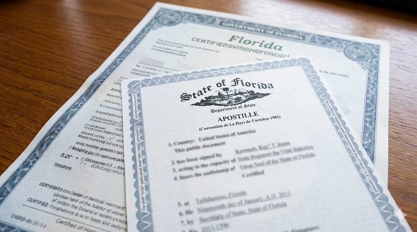 Certified apostille seal on official Florida document for international use