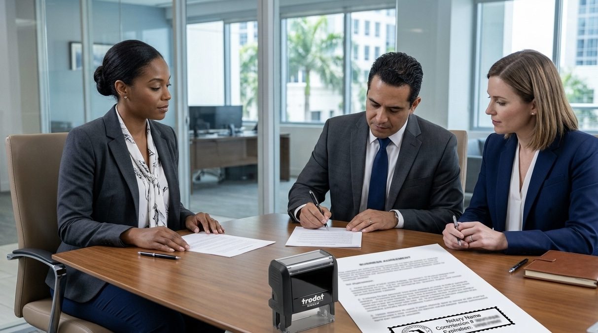 West Palm Beach mobile notary completing Florida LLC operating agreement notarization at Palm Beach County business office